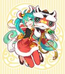  ahoge chinese_clothes fur_trim green_eyes green_hair hatsune_miku highres lion_dance long_hair nail_polish one_eye_closed open_mouth solo twintails verus very_long_hair vocaloid 