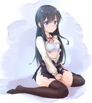  asashio_(kantai_collection) belt black_hair black_legwear blue_bra blue_eyes blue_panties bow bow_bra bra dress kanabun kantai_collection long_hair long_sleeves neck_ribbon panties pinafore_dress red_ribbon remodel_(kantai_collection) ribbon sitting solo thighhighs torn_clothes training_bra underwear wariza 