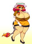  2016 animal_humanoid big_breasts black_fur blonde_hair blush bovine breasts cleavage clothed clothing cow_humanoid female footwear fur gloves green_eyes hair hat hi_res horn huge_breasts human humanoid long_hair mammal multicolored_hair pastelletta red_hair shirt shoes skirt solo standing thick_thighs two_tone_hair voluptuous white_fur wide_hips 