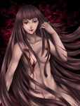  absurdres areolae blood blood_from_mouth blood_on_breasts breasts brown_hair claymore dark_areolae highres long_hair medium_breasts navel nipples pubic_hair red_eyes red_lips riful roland-gin solo 