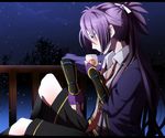  amazake_(drink) cimeri fingerless_gloves fudou_yukimitsu gloves male_focus necktie ponytail purple_eyes purple_hair railing shorts sitting sky solo star_(sky) starry_sky touken_ranbu 