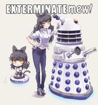  :&gt; animal_ears bangs black_bow black_footwear black_hair blake_belladonna blue_pants blush bow breasts cat_ears cat_tail chibi closed_mouth crossover dalek doctor_who dual_persona english eyebrows_visible_through_hair front-tie_top full_body grey_background hair_bow hands_on_own_knees iesupa kemonomimi_mode long_hair looking_at_viewer medium_breasts midriff motion_lines multiple_girls navel pants pantyhose robot roomba rwby rwby_chibi seiza shirt shoes simple_background sitting slit_pupils smile standing tail tied_shirt white_shirt yellow_eyes 