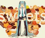  absurdly_long_hair aqua_eyes aqua_hair chocolate cupcake detached_sleeves doughnut food fork full_body gingerbread_man grin hatsune_miku konomi_(kumagai20) long_hair macaron necktie pie pudding skirt smile solo sweets thighhighs twintails very_long_hair vocaloid 