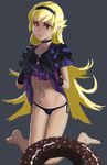  bakemonogatari barefoot black_gloves black_panties blonde_hair doughnut doyora dress dress_lift food gloves hairband kneeling long_hair looking_at_viewer monogatari_(series) oshino_shinobu panties side-tie_panties solo underwear yellow_eyes 