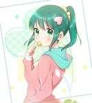  blush candy coat food green_eyes green_hair hair_ornament hair_scrunchie heart heart_hair_ornament hood hooded_jacket iwaoka_(sikabanenomiti_park) jacket lollipop looking_at_viewer mouth_hold ponytail scrunchie serizawa_momoka solo tokyo_7th_sisters upper_body 