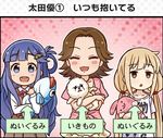  3girls animal asari_nanami bangs blonde_hair blue_eyes blue_hair blunt_bangs blush_stickers brown_eyes brown_hair closed_eyes comic dog fish_hair_ornament futaba_anzu hair_ornament hair_rings hairclip holding holding_animal holding_stuffed_animal idolmaster idolmaster_cinderella_girls idolmaster_cinderella_girls_starlight_stage jewelry low_twintails multiple_girls necklace odd_one_out official_art oota_yuu open_mouth parted_bangs parted_lips partially_translated poodle sabaori-kun stuffed_animal stuffed_bunny stuffed_fish stuffed_toy translation_request twintails 