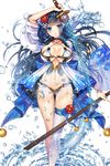 bell blue_eyes blue_hair breasts choker dragon flower frown hair_flower hair_ornament highres katana large_breasts long_hair looking_at_viewer midriff navel non-web_source ratise sammy_(soccer_spirits) sheath single_thighhigh soccer_spirits solo sword thigh_gap thighhighs transparent_background unsheathed water weapon white_legwear 