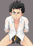  1boy black_hair bulge character_request cum cum_on_body erection facial looking_at_viewer male_focus restrained sitting solo tagme underwear undressing wince wink yaoi 