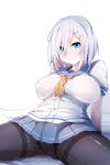  bad_id bad_pixiv_id black_legwear blue_eyes breasts gloves hair_ornament hair_over_one_eye hairclip hamakaze_(kantai_collection) highres kantai_collection large_breasts neckerchief panties panties_under_pantyhose pantyhose pleated_skirt school_uniform serafuku short_hair silver_hair sitting skirt solo spread_legs thighband_pantyhose underwear wada_kazu white_gloves yellow_neckwear 