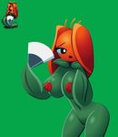  big_breasts breasts female flora_fauna flower green_background nipples open_mouth paper_fan plant pussy screwroot simple_background solo terranigma 