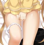  brown_eyes brown_hair cardigan covering covering_crotch kantai_collection long_hair lying murasame_(kantai_collection) naked_cardigan on_back panties panties_around_one_leg ren_san skirt skirt_removed solo twintails underwear 