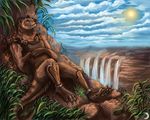  amber_eyes anthro armor black_nose brown_fur claws day detailed_background flashw fur lying male mammal mustelid otter outside sky solo sun water waterfall whiskers 