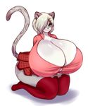  2016 anthro big_breasts breasts cleavage clothed clothing feline female fur grey_eyes grey_fur grey_hair hair huge_breasts hyper hyper_breasts kneeling legwear leopard looking_at_viewer mammal pastelletta pink_nose shirt short_hair skirt smile solo stockings thick_thighs voluptuous 