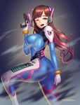  ;d arm_at_side ass bangs bodysuit breasts brown_eyes brown_hair covered_nipples d.va_(overwatch) demon77 facial_mark from_side gloves grey_background gun headphones highres long_hair looking_at_viewer medium_breasts one_eye_closed open_mouth overwatch pilot_suit smile solo swept_bangs thighs weapon whisker_markings white_gloves 