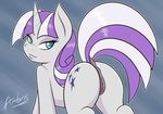  2016 ambris anus blue_eyes butt cutie_mark dock equine eyelashes female feral friendship_is_magic hair half-closed_eyes horn long_hair looking_at_viewer looking_back mammal multicolored_hair multicolored_tail my_little_pony purple_hair pussy simple_background solo twilight_velvet_(mlp) two_tone_hair unicorn white_hair 