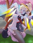  1boy 1girl adapted_costume areolae artist_name black_hair blonde_hair blue_eyes breast_grab breasts clitoris clothed_female_nude_male crotch_cutout cunnilingus eyebrows_visible_through_hair girl_on_top hand_on_head lip_biting mechanical_halo mechanical_wings mercy_(overwatch) navel nipples overwatch parted_lips pussy saliva throat_(artist) torn_pantyhose 