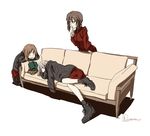  ankle_boots black_jacket book boots brown_eyes brown_hair commentary_request couch girls_und_panzer itsumi_erika jacket kuromorimine_military_uniform long_hair military military_uniform multiple_girls nishizumi_maho nishizumi_miho red_shirt red_skirt shirt short_hair silver_hair skirt sleeping tora_jun uniform white_background 