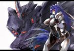  arched_back blue_eyes blue_hair bodysuit breasts covered_nipples cowboy_shot glowing gond hair_intakes hair_ribbon highres large_breasts long_hair mecha mitsurugi_meiya muvluv muvluv_alternative pilot_suit ponytail ribbon shiny shiny_clothes skin_tight solo standing takemikazuchi_(muvluv) very_long_hair white_background wide_hips 