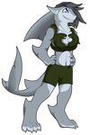 alpha_channel anthro clothed clothing female fish gard3r grey_hair hair marine navel shark sharp_teeth simple_background smile solo standing teeth transparent_background 