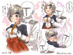  1boy 1girl admiral_(kantai_collection) anger_vein bangs between_breasts blouse blush breast_grab breasts character_name chitose_(kantai_collection) epaulettes eyebrows eyebrows_visible_through_hair grabbing grabbing_from_behind grey_eyes grey_hair hakama hand_on_another's_arm headband heart hetero imagining japanese_clothes kantai_collection long_sleeves medium_breasts military military_uniform naval_uniform nose_blush number o_o open_mouth red_hakama slapping speech_bubble spoken_heart suzuki_toto sweatdrop swept_bangs tears thought_bubble translated twitter_username uniform white_blouse 