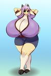  2016 anthro big_breasts breasts caprine clothing female fur goat green_eyes hair hands_behind_head hooves horn huge_breasts hyper hyper_breasts looking_at_viewer mammal pastelletta pink_hair shirt short_hair shorts smile solo standing thick_thighs voluptuous white_fur wide_hips yellow_fur 