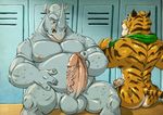  absurd_res anthro balls butt changing_room disney dressing_room_(disambiguation) duo erection feline furryrevolution hi_res horn humanoid_penis locker_room male male/male mammal nude penis rhinoceros sitting tiger towel vein veiny_penis zootopia 