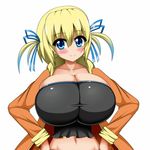  1girl animated animated_gif blonde_hair blue_eyes blush bouncing_breasts character_request hands_on_hips huge_breasts looking_at_viewer mgear midriff simple_background smile solo swinging_breasts white_background 