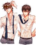  2boys abs ace_of_diamond brown_hair glasses looking_at_viewer msucle necktie school_uniform smile student sweat undressing 