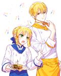  1girl ahoge artoria_pendragon_(all) blonde_hair blush braid chef double-breasted excalibur fate/stay_night fate_(series) food gilgamesh green_eyes hand_on_hip height_difference looking_at_another nishita open_mouth red_eyes saber sandwich short_hair sleeve_tug sweatdrop 