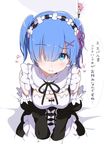  alternate_hairstyle apron blood blue_eyes blue_hair blush bow breasts cleavage cracked_wall detached_sleeves dress hair_ornament hair_over_one_eye looking_at_viewer maid maid_headdress medium_breasts multiple_girls nosebleed ogipote peeping pink_hair ram_(re:zero) re:zero_kara_hajimeru_isekai_seikatsu rem_(re:zero) short_hair siblings sisters smile translated twins two_side_up upper_body v_arms x_hair_ornament 