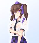  breasts brown_hair checkered checkered_skirt closed_mouth covered_nipples cowboy_shot expressionless frilled_shirt_collar frills hair_ribbon hand_on_own_arm hat himekaidou_hatate holding_arm isaki_(gomi) lavender_background looking_at_viewer medium_breasts nipples no_bra puffy_short_sleeves puffy_sleeves purple_eyes purple_hat purple_ribbon ribbon see-through short_hair short_sleeves short_twintails simple_background skirt solo tokin_hat touhou twintails wet wet_clothes 