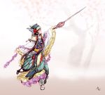  arm_up bangs black_hair boots butterfly_wings cangshuiqingxi chinese_clothes dan_fei dancing flower frilled_sleeves frills full_body hat head_wings holding holding_sword holding_weapon left-handed long_hair long_sleeves looking_to_the_side low_twintails outstretched_arms profile red_flower solo spread_arms standing sword thunderbolt_fantasy tree twintails two-tone_background very_long_hair weapon wide_sleeves wings 