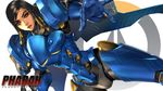  armor artist_name bangs black_hair brown_eyes character_name dark_skin dutch_angle eyeliner facial_mark facial_tattoo gauntlets highres logo looking_at_viewer makeup outstretched_arm overwatch parted_lips pharah_(overwatch) power_armor red_lips solo sunkilow tattoo wallpaper white_background 