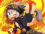  character_name dated disgaea fingerless_gloves fire gloves grey_hair happy_birthday headband long_hair low_ponytail makai_senki_disgaea_5 male_focus one_eye_closed open_mouth pointy_ears solo usamasuku zeroken_(disgaea) 