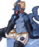  0lightsourced 2016 anthro blonde_hair blue_nipples blue_skin boots braided_hair clothing ear_piercing elbow_gloves fangs fish footwear gloves hair looking_at_viewer male marine navel nipples pants piercing scar shark short_hair sitting smile solo teeth tongue tongue_out 