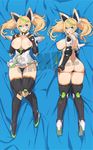  armor armored_boots ass black_panties blonde_hair blue_eyes blush boots breasts cameltoe covered_navel dakimakura english full_body gene_(pso2) green_hair groin hair_between_eyes hair_ornament head_tilt high_heels large_breasts looking_back lying multicolored_hair multiple_views nipples on_back on_side panties panty_pull phantasy_star phantasy_star_online_2 poin sample thong twintails two-tone_hair underwear 