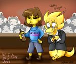  2016 :3 alcohol alphys ambiguous_gender beverage brown_hair cigarette english_text eyewear female glasses grey_hair hair human mammal protagonist_(undertale) sweat tem temmie_(undertale) text undertale unknown_artist video_games vinesauce yellow_skin 