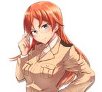  blue_eyes edytha_neumann glasses hand_on_eyewear hand_on_hip liar_lawyer long_hair looking_at_viewer military military_uniform orange_hair solo uniform world_witches_series 