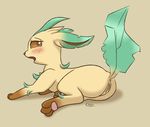  2016 anus blush butt canine eeveelution ellistia female feral hindpaw leafeon lying mammal nintendo nude open_mouth paws pok&eacute;mon pussy pussy_juice simple_background solo video_games 