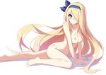  arm_support bad_id bad_pixiv_id barefoot blonde_hair blue_eyes blush breasts collarbone hair_over_one_eye hair_ribbon hairband large_breasts leaning_forward long_hair looking_at_viewer navel nipples nude pandora_(p&amp;d) puzzle_&amp;_dragons ribbon simple_background sitting solo zeroshiki_kouichi 