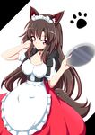  animal_ears apron breasts brown_hair cleavage collarbone dress fingernails hand_in_hair imaizumi_kagerou jewelry kagayama_hajime large_breasts long_fingernails long_hair looking_at_viewer maid maid_apron maid_headdress necklace red_eyes solo tail touhou wolf_ears wolf_tail 