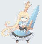  bad_id bad_twitter_id blonde_hair blue_dress blue_eyes breastplate charlotta_fenia crown dress frilled_dress frills granblue_fantasy harvin highres holding holding_sword holding_weapon long_hair pointy_ears puffy_short_sleeves puffy_sleeves seedflare short_sleeves simple_background solo sparkle standing sword very_long_hair weapon 