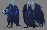  4_toes anthro antlers avian beak bird corvid feathered_wings feathers featureless_crotch glowing glowing_eyes horn hornedfreak hybrid magic male raven simple_background solo standing talons toes wings 