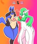  breasts duo english_text female frown gardevoir gradient_background immortalstar lucario nintendo nipples pok&eacute;mon pok&eacute;morph pussy red_eyes simple_background text video_games 