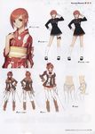  boots character_sheet concept_art hair_ornament hairclip hand_on_hip hat highres holding holding_weapon jacket japanese_clothes kimono knee_boots miniskirt multiple_views one_eye_closed panties pleated_skirt red_hair ribbon school_uniform seena_kanon shining_(series) shining_wind short_hair simple_background skirt smile sword tanaka_takayuki thighhighs translation_request turnaround underwear weapon zettai_ryouiki 
