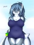  2016 anthro big_breasts blue_eyes blue_hair blush breasts camel_toe cleavage clothed clothing female fish grey_skin hair long_hair looking_at_viewer marine navel pointy_ears shark smile solo standing swimsuit white_skin yus-ts 