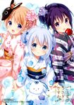  3girls :d alternate_hairstyle anko_(gochiusa) blue_eyes blue_flower blue_hair brown_hair candy_apple double_bun flower food gochuumon_wa_usagi_desu_ka? hair_flower hair_ornament hair_up highres holding_hands hoto_cocoa japanese_clothes kafuu_chino kimono koi_(koisan) looking_at_viewer mask mask_on_head multiple_girls objectification open_mouth pink_flower purple_eyes purple_hair sash short_hair smile summer_festival tedeza_rize tippy_(gochiusa) tongue tongue_out yukata 