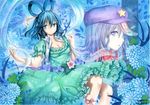  2girls aqua_dress blue_background blue_eyes blue_hair breasts chrysanthemum cleavage dated dress flat_cap floral_background flower frilled_dress frills hagoromo hair_ornament hair_rings hair_stick hat kaku_seiga leg_ribbon looking_at_viewer marker_(medium) medium_breasts miyako_yoshika mosho multiple_girls ofuda puffy_short_sleeves puffy_sleeves ribbon sash see-through shawl short_hair short_sleeves sideways_glance signature smile star touhou traditional_media upper_body watercolor_(medium) 