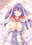  arm_up bangs breasts bridal_gauntlets buttons cleavage creek_(moon-sky) eyebrows eyebrows_visible_through_hair hair_between_eyes hand_up highlights highres isabelle_(shadowverse) jewelry large_breasts long_hair long_sleeves lying multicolored_hair on_back parted_lips petals purple_eyes purple_hair ring shadowverse skindentation solo unbuttoned upper_body 