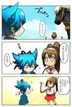  1girl bandages blue_hair comic hairband honchu horse japanese_clothes little_girl_saniwa_(touken_ranbu) miko ponytail saniko_(honchu) saniwa_(touken_ranbu) sayo_samonji tabi touken_ranbu translation_request 